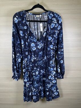 GAP NEW Navy Floral Tie Neck Long Sleeve Smocked Waist Dress Size Medium